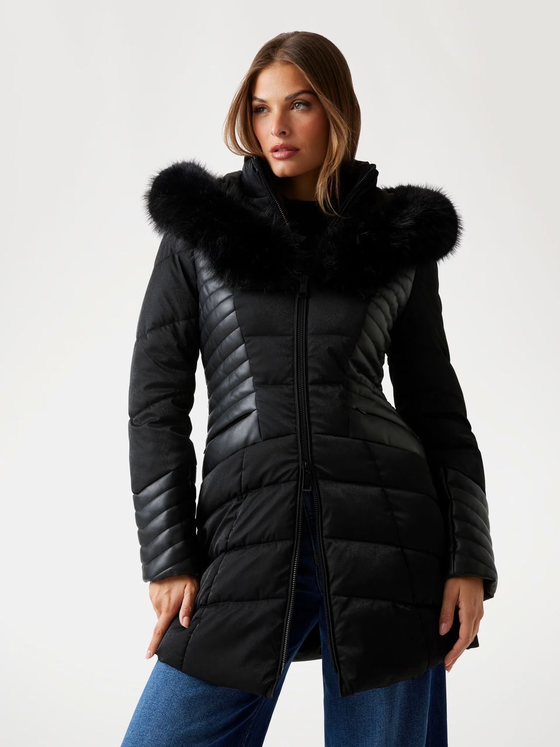 ​Dual-fabric down jacket with faux leather