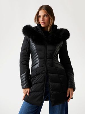 ​Dual-fabric down jacket with faux leather