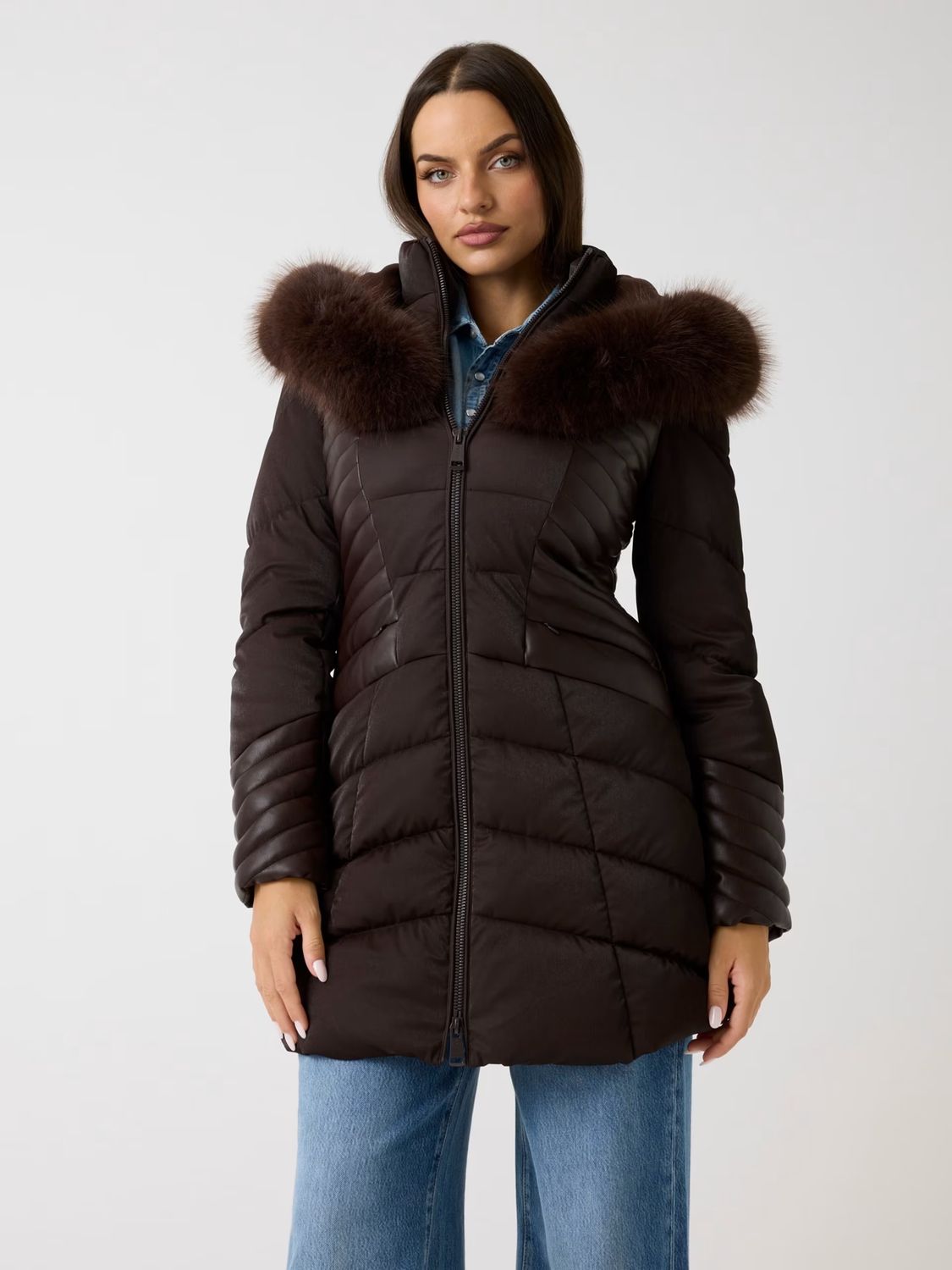 ​Dual-fabric down jacket with faux leather, Size: L, Color: BROWN