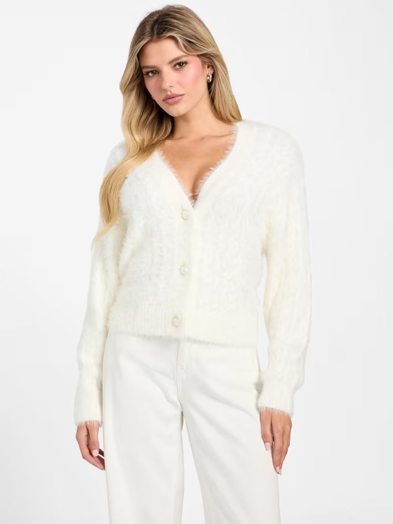 fuzzy cable knit cardigan, Color: Cream, Size: M