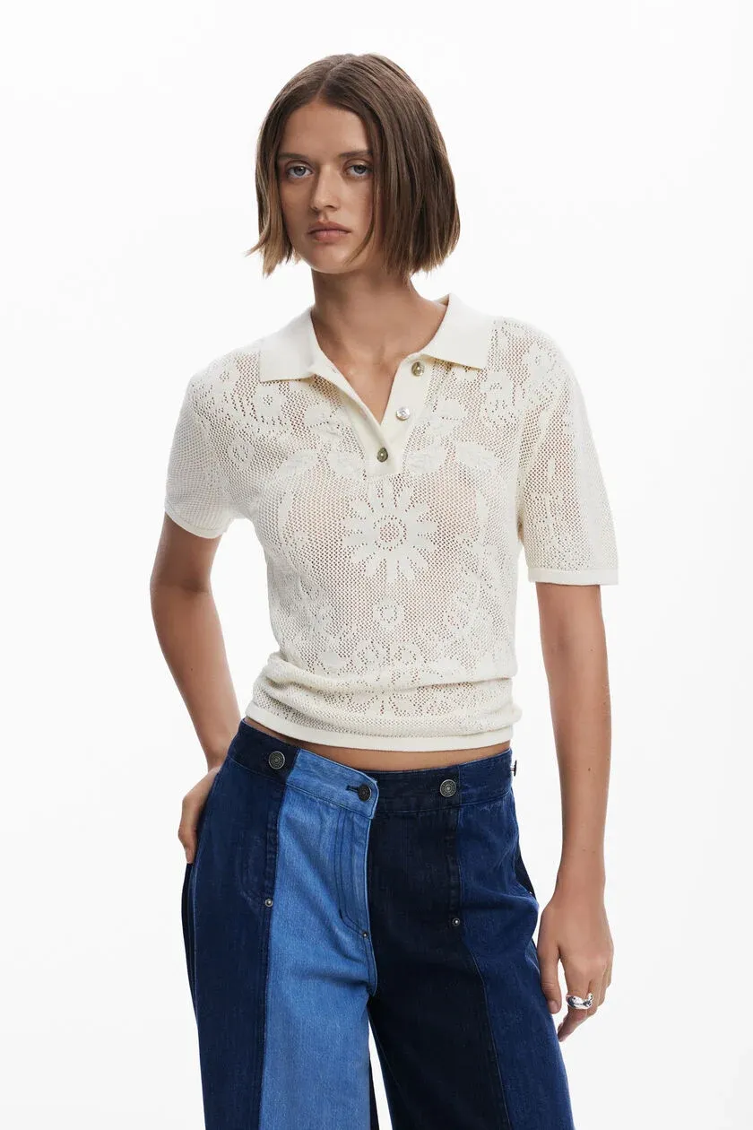 Regular polo shirt in openwork knit