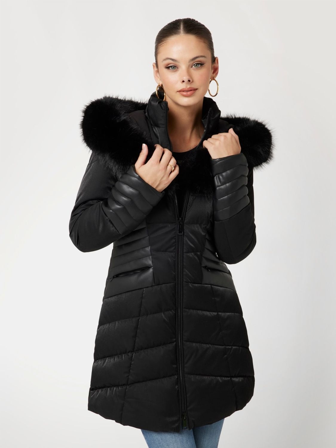 Dual-fabric down jacket with faux leather Dual-fabric down jacket with faux leather