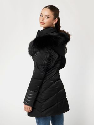 Dual-fabric down jacket with faux leather