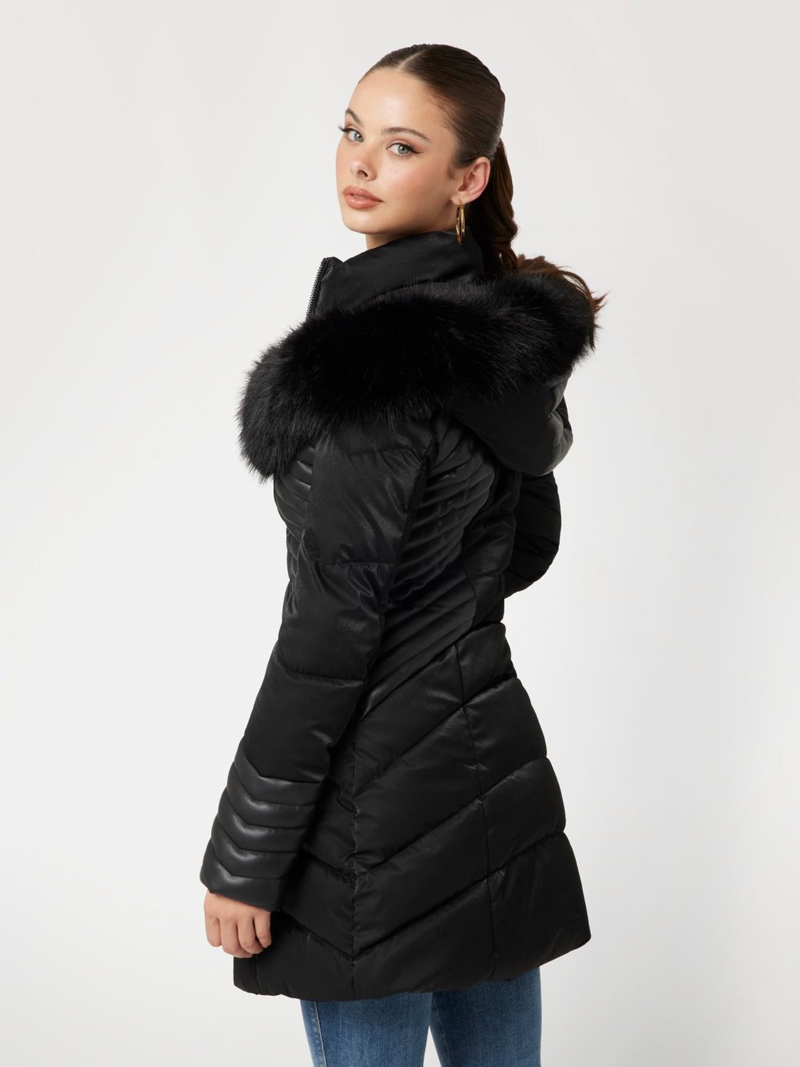 Dual-fabric down jacket with faux leather