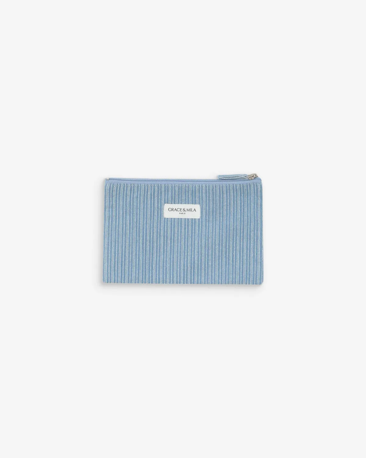 Striped denim clutch bag