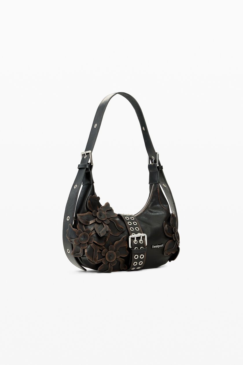 Faux leather handbag with appliqué flowers