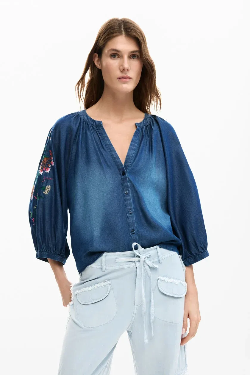 ​Regular-fit chambray blouse with embroidery