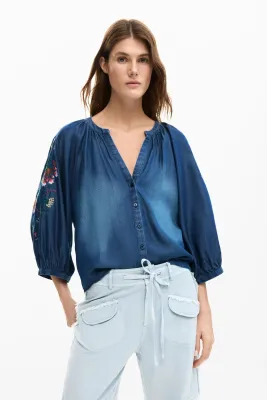 ​Regular-fit chambray blouse with embroidery