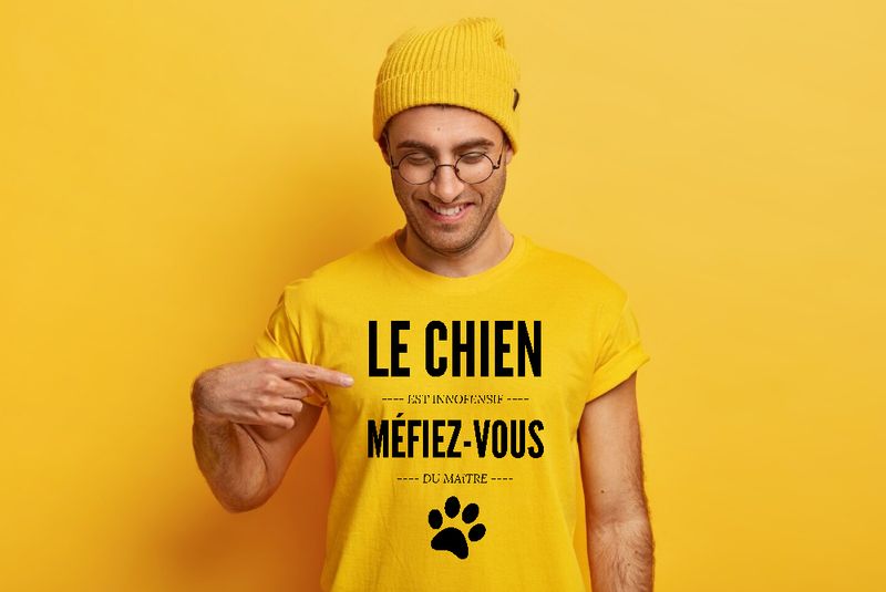 Le chien et inoffensif MEFIEZ-VOUS du maître