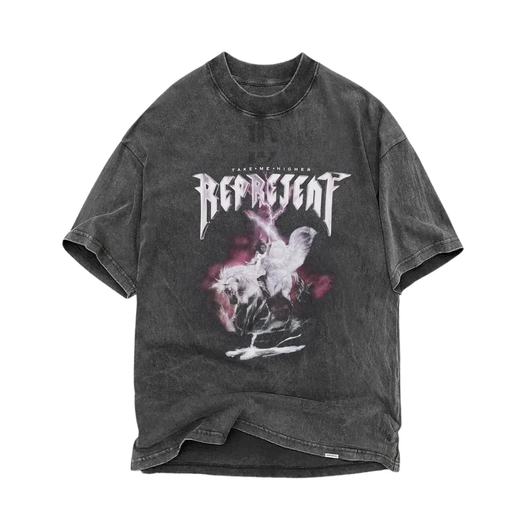 Represent washed black t-shirt with arched logo graphic