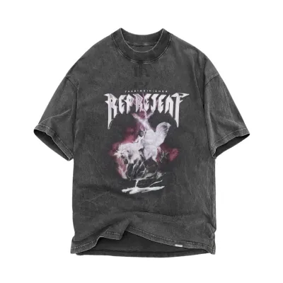 Represent washed black t-shirt with arched logo graphic