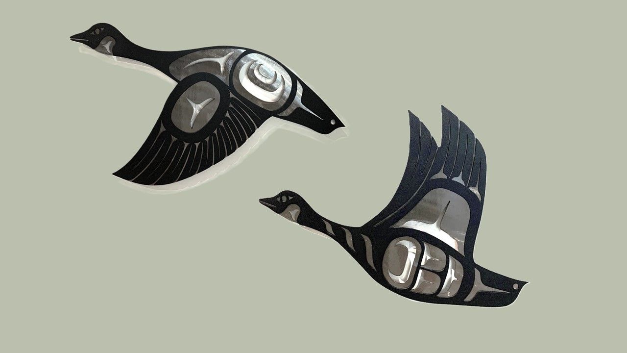 Pair of Canada Geese, Wings Up and Wings Down