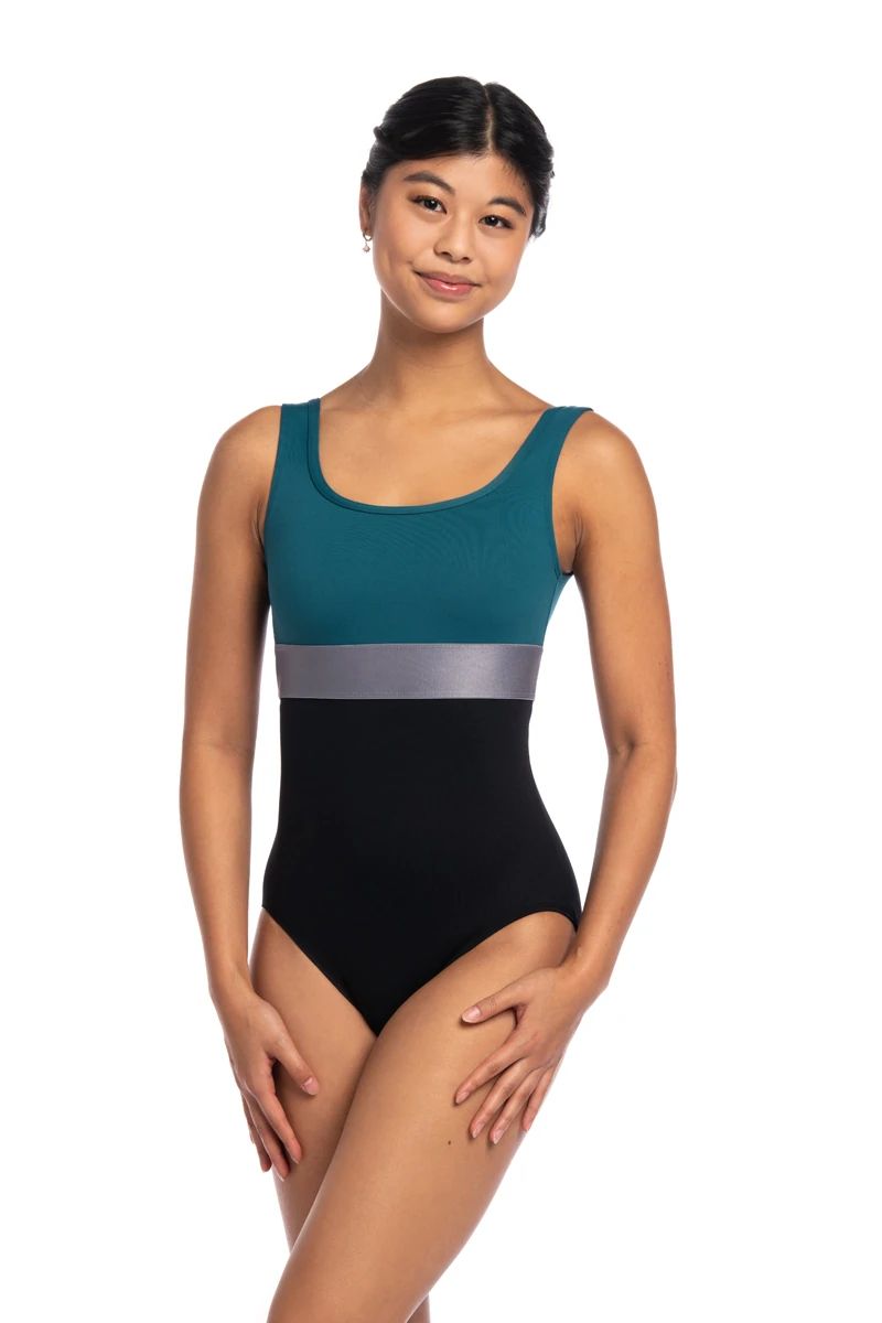 Ainsliewear Manon Leotard, Colour: PacificTeal &amp; Black, Size: Adult Petite
