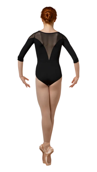 Black Leotard 3/4 Sleeve Mesh V Back