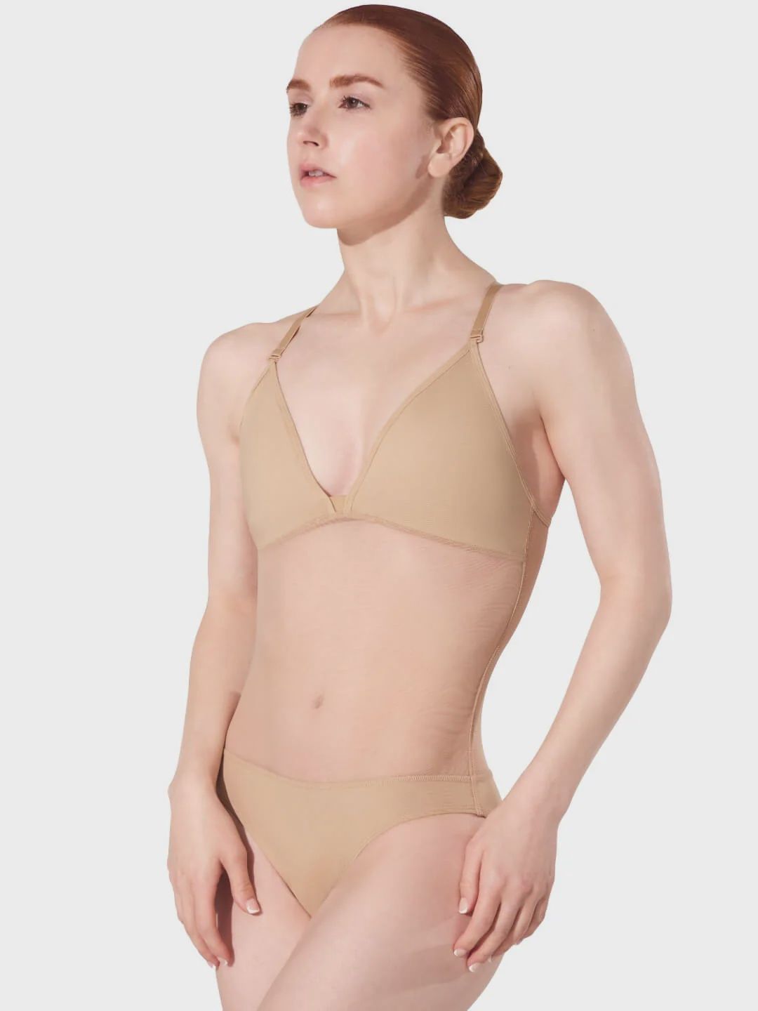 Capezio Plunge Neck Mesh Midriff Leotard, Colour: Nude, Size: Adult Small