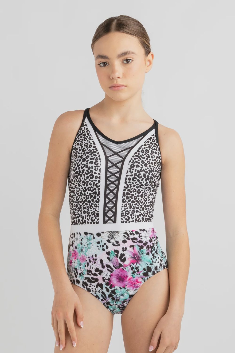 Every Turn "Diva" Leotard, Colour: Black/Floral, Size: Child 10
