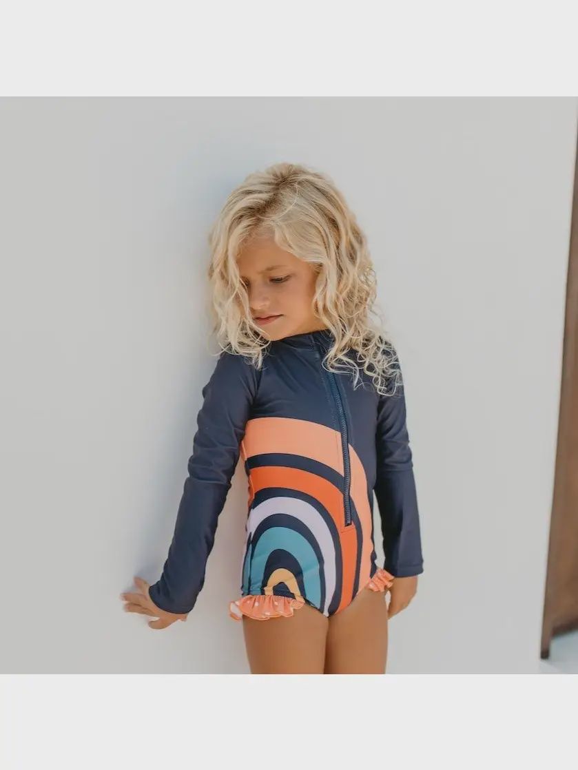 Oopsie Daisy Rainbow Navy Zip Rashguard Swimsuit, Colour: Rainbow, Size: Child 4