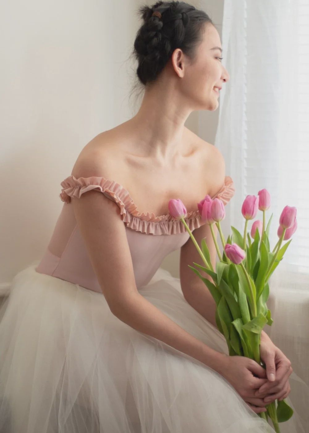 Xiaoxiao "Marie" Leotard - Ruffle Neckline Off-shoulder Leotard, Colour: Dusty Pink, Size: Adult X-Small