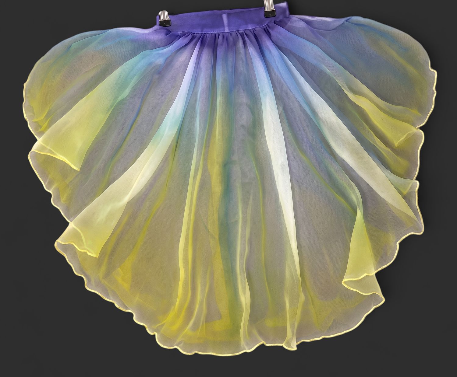 WaterColour Bustle Hi-Lo skirt Purlpl/teal/yellow Ombre