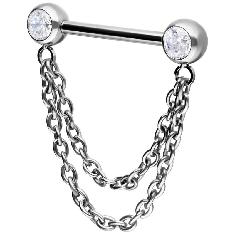Titanium Threadless Jewelled Nipple Barbell With Double Chain