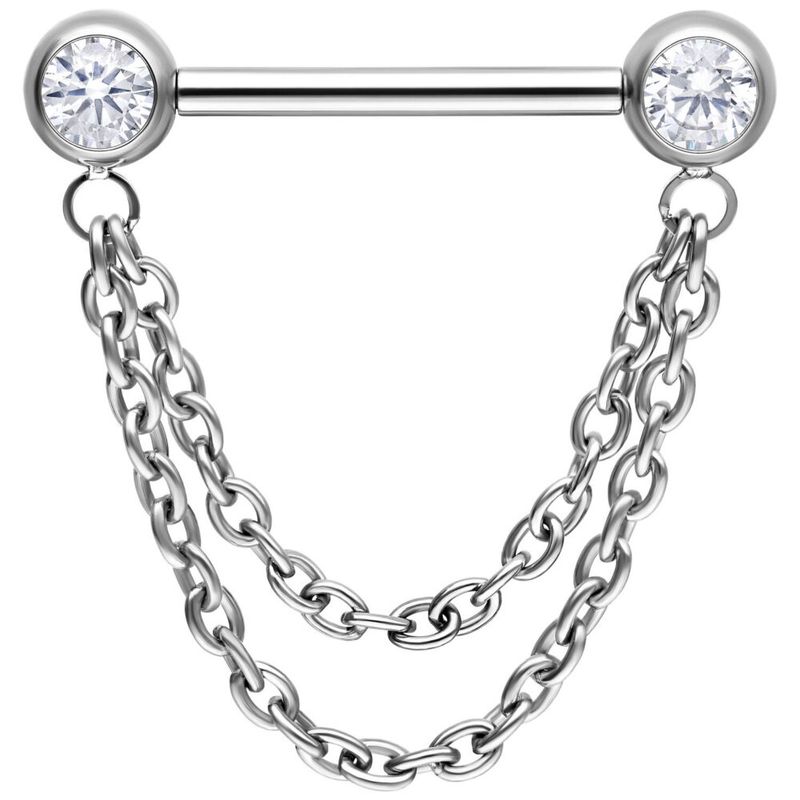 Titanium Threadless Jewelled Nipple Barbell With Double Chain