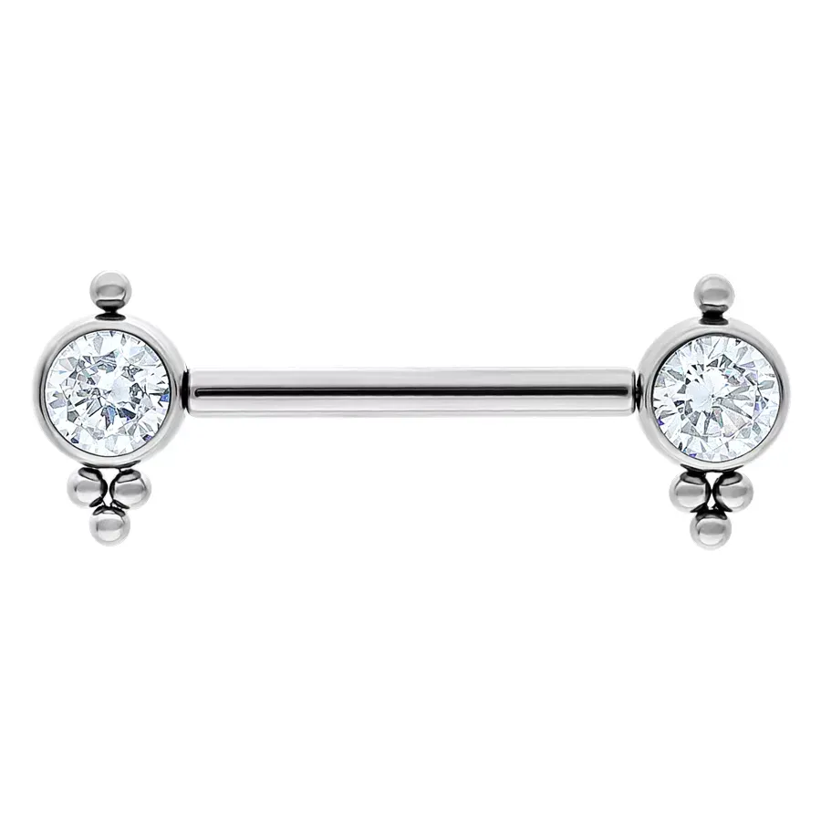 Titanium Threadless Bezel Set Gem & Bead Accent Nipple Barbell