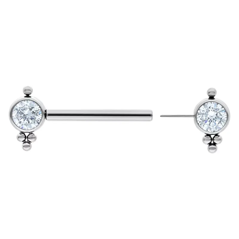 Titanium Threadless Bezel Set Gem & Bead Accent Nipple Barbell