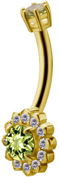 18K Solid Gold Flower Navel Curve Genuine Peridot & CZ