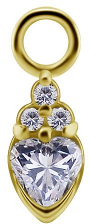 18K Solid Gold Charm - Prong Heart With Trinity Accent White CZ
