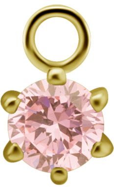 18K Solid Gold Charm - 6 Prong Set Gem 4 mm Pink CZ