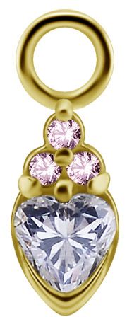 18K Solid Gold Charm - Prong Heart With Trinity Accent White & Pink CZ 18K Solid Gold Charm - Prong Heart With Trinity Accent White & Pink CZ