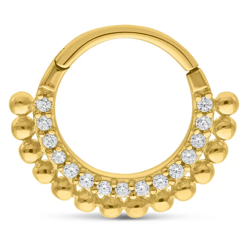 14K Solid Gold Beaded Pave Set Crystal Clicker Ring