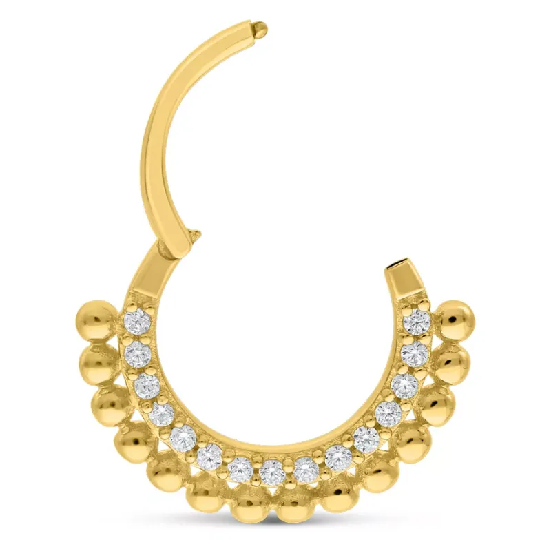 14K Solid Gold Beaded Pave Set Crystal Clicker Ring