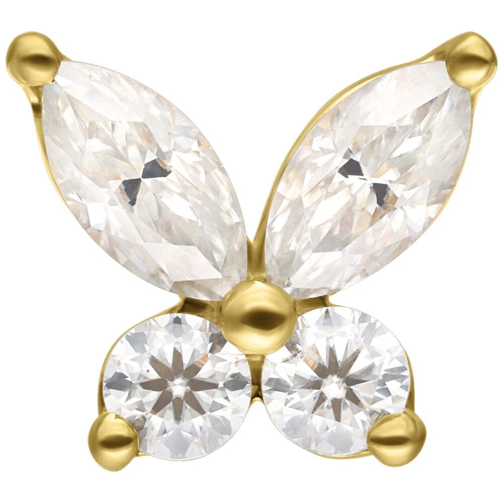 14K Solid Gold Threadless Butterfly With Moissanit Gems 14K Solid Gold Threadless Butterfly With Moissanit Gems