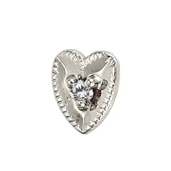 Body Gems 14K Solid White Gold Threadless Carved Heart With Prong Gem Center - White CZ