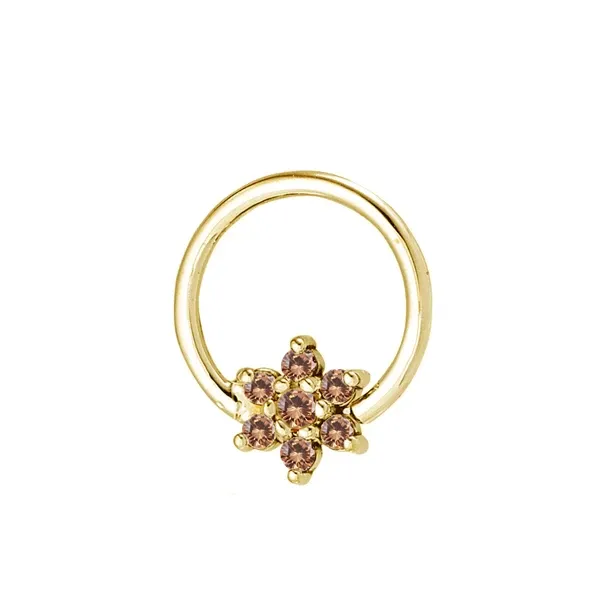 Body Gems 14K Solid Yellow Gold Fixed Bead Ring - Flower Champagne CZ