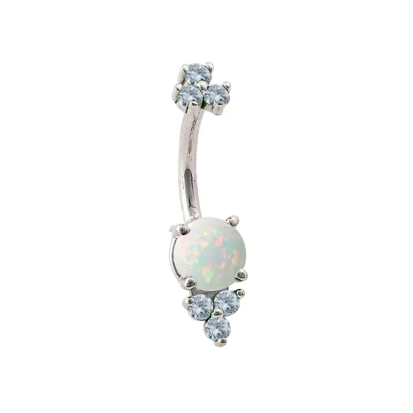Body Gems 14K Solid White Gold Navel Curve - Prong Set White Faux-pal Cabochon & Double Trinity Accent