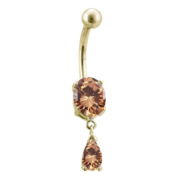 Body Gems 14K Solid Yellow Gold Navel Curve - Oval CZ & Teardrop Dangle Champagne CZ