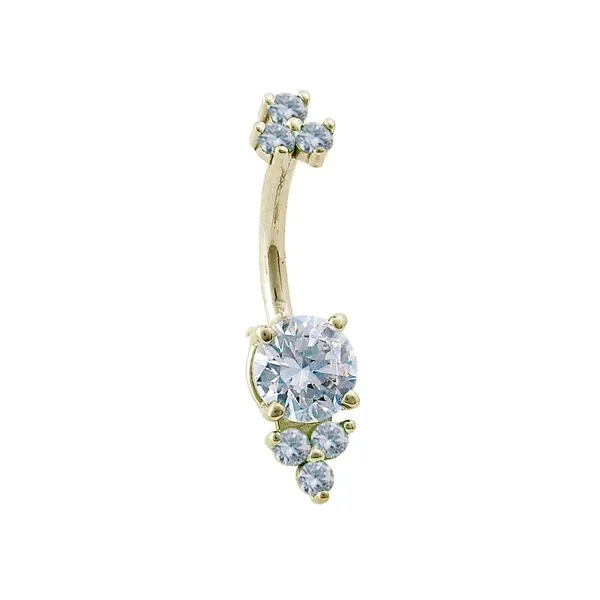 Body Gems 14K Solid Yellow Gold Navel Curve - Prong Set CZ & Double Trinity Accent