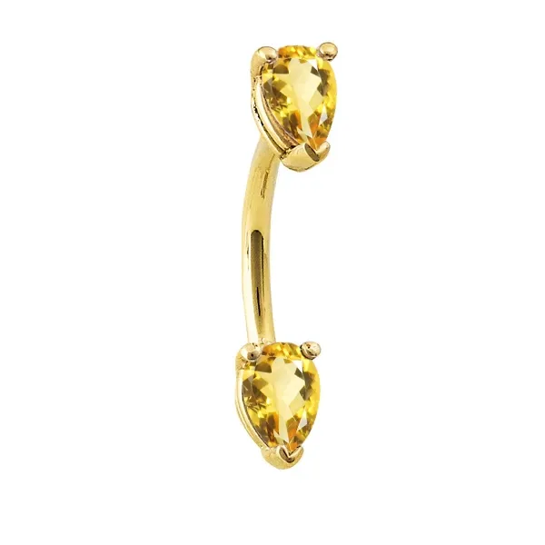 Body Gems 14K Solid Yellow Gold Navel Curve - Double Prong Pear Gems Synthetic Golden Topaz