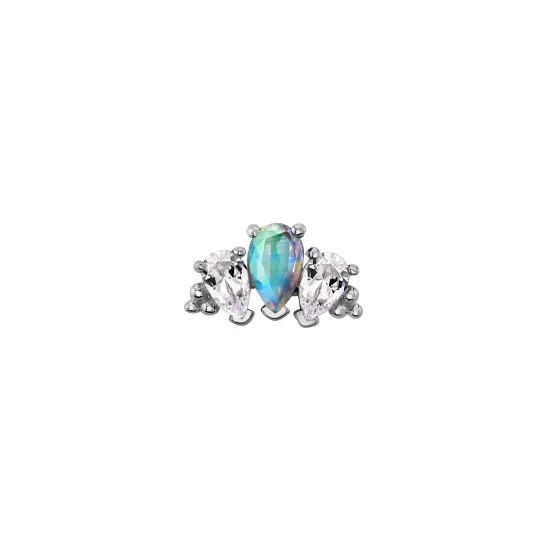 BVLA 14K Solid White Gold Threaded 3 Gem Pear Panayara - Rainbow Moonstone & White CZ