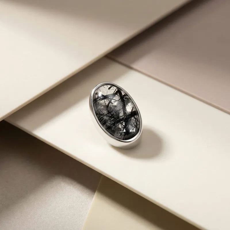 Tremun Titanium Threaded End Oval Cabochon - Tourmalinated Quartz