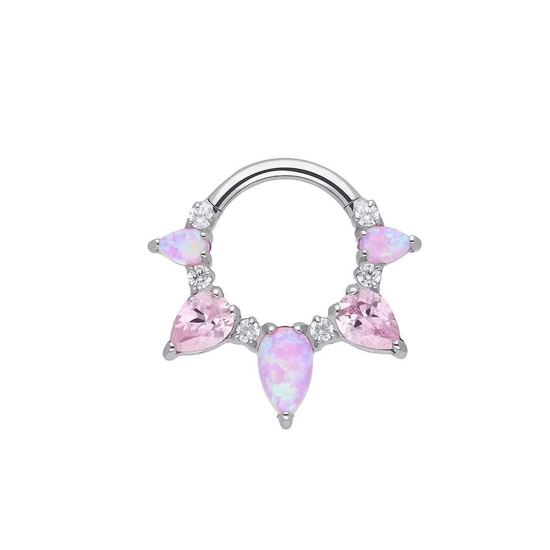 Tremun Titanium Clicker Ring Clara- Round White CZ & Pink CZ / Synthetic Opal Teardrop