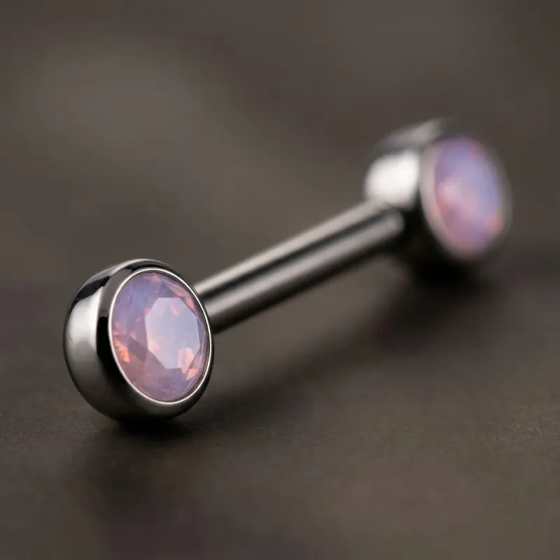 Tremun Titanium Threadless Bezel Ser Gem Nipple Barbell - Light Peony Opal