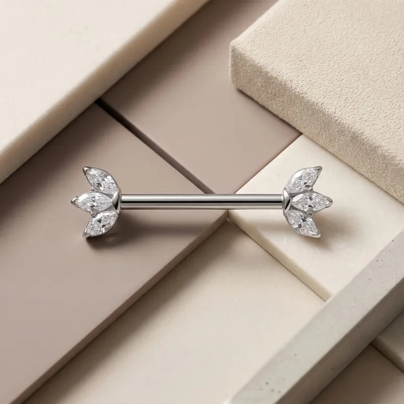 Tremun Titanium Threadless Prong  Marquise Fan Nipple Barbell - White CZ