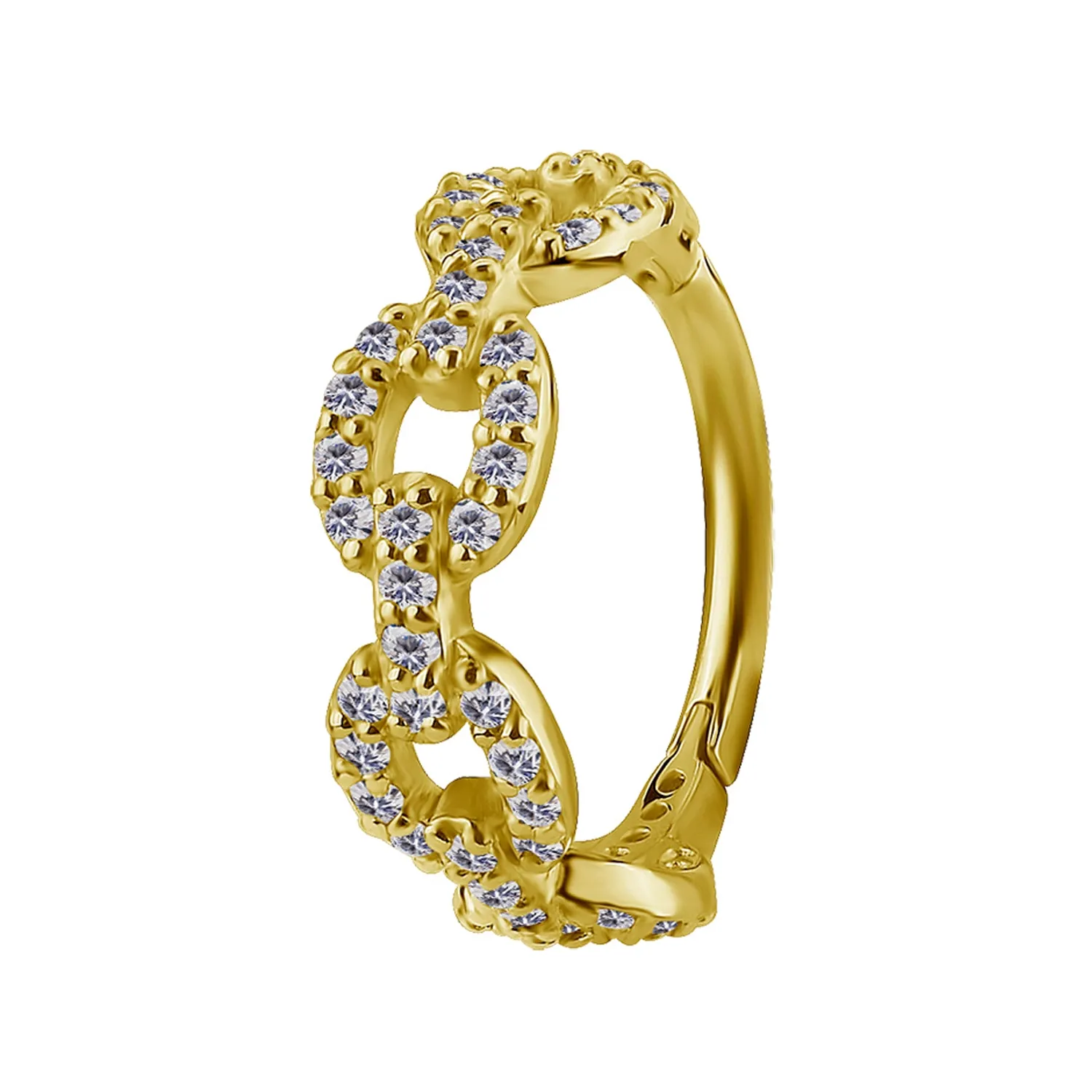 18K Solid Yellow Gold Chained Crystal Clicker Ring
