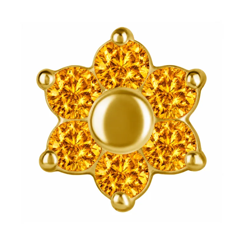 18K Solid Yellow Gold Threaded Flower 1.6 mm - Orange CZ 18K Solid Yellow Gold Threaded Flower 1.6 mm - Orange CZ