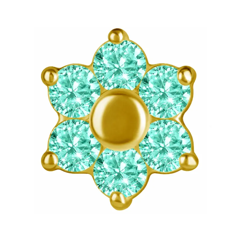 18K Solid Yellow Gold Threaded Flower 1.6 mm - Mint Green CZ 18K Solid Yellow Gold Threaded Flower 1.6 mm - Mint Green CZ