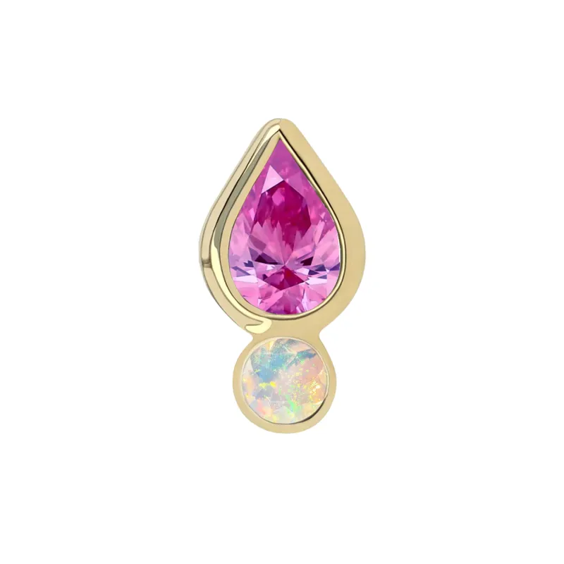 14K Solid Yellow Gold Threadless Icon End - 2x3 mm Primrose & 1,5mm Synthetic Facetted White Opal