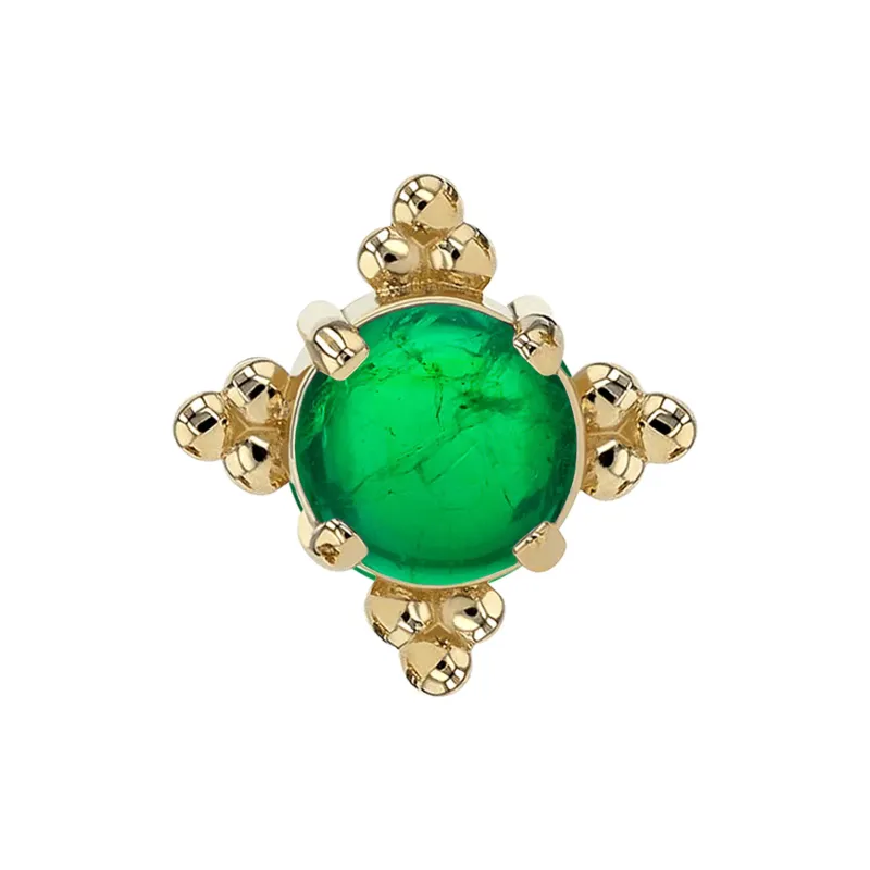 14K Solid Yellow Gold ThreadlessZia End - 3 mm Syntethic Emerald Cabochon